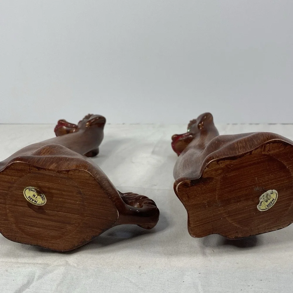 Vintage Dog Figurine Pair Faux Wood Mid Century Style Retro Decor Hong Kong